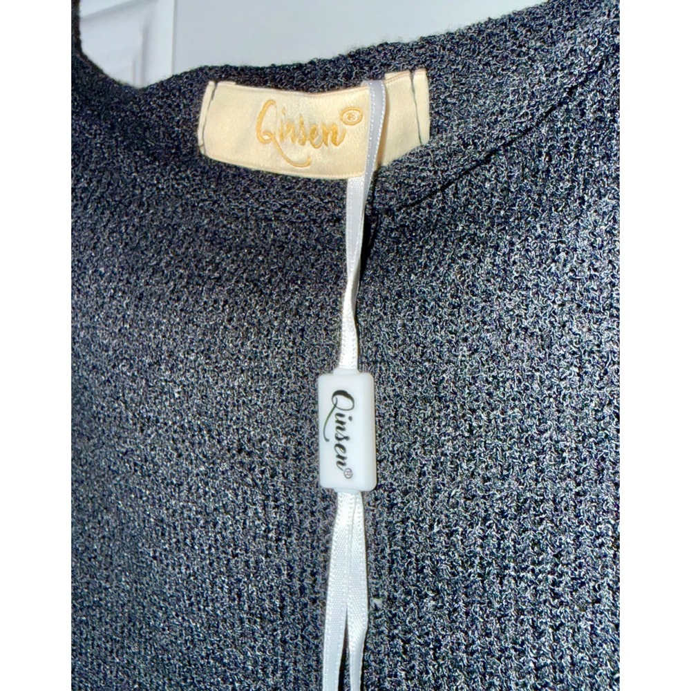 Qinsen Long Sleeve Knit Top Size L New Black Lettuce Trim Boat Neck Sweater - Picture 2 of 8